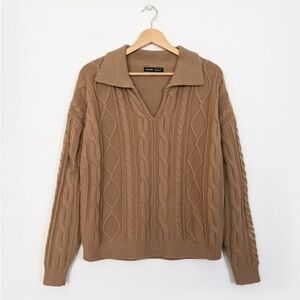 SHEIN Brown V-Neck Cable Knit Sweater